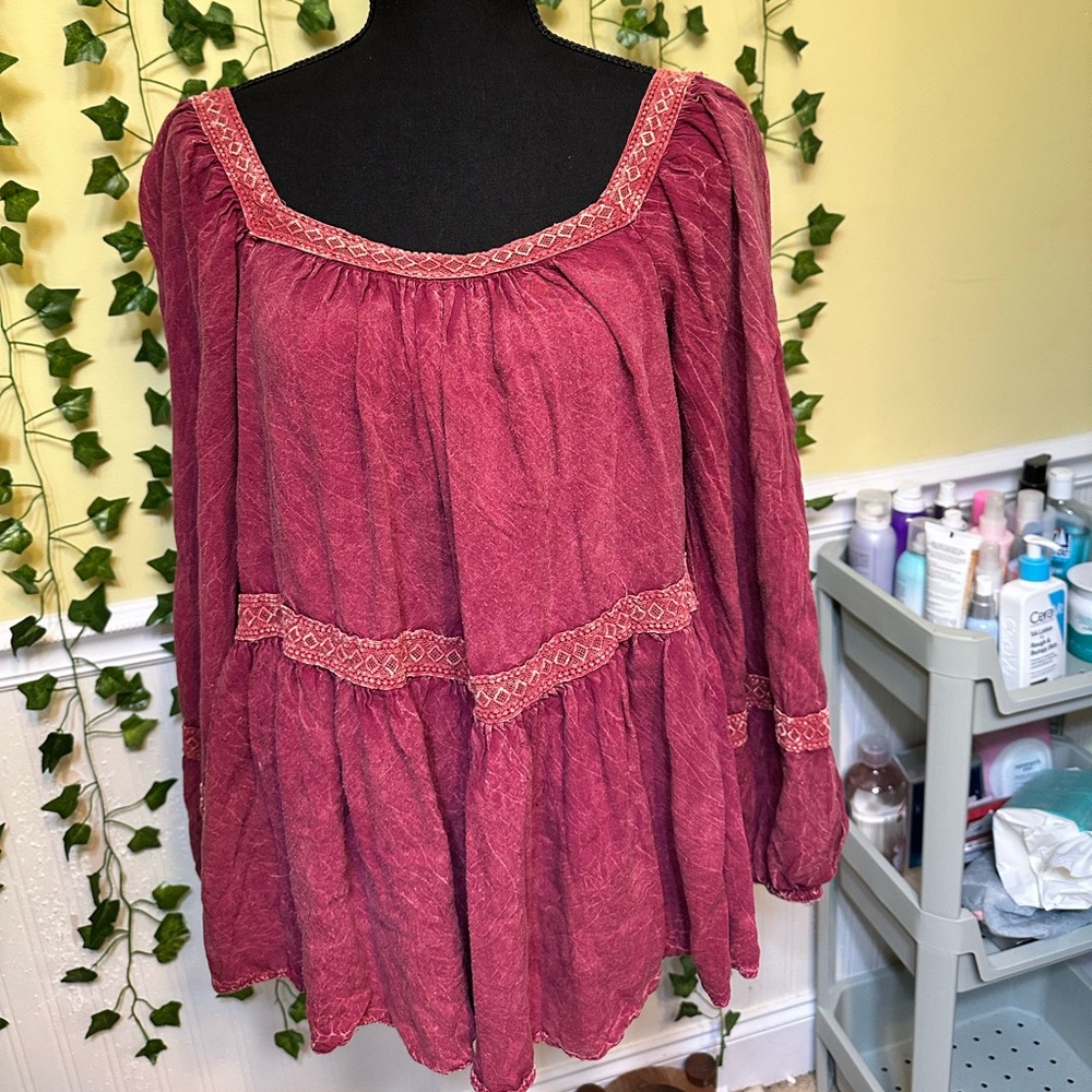 Altar'd State Maroon "Peasant" Top